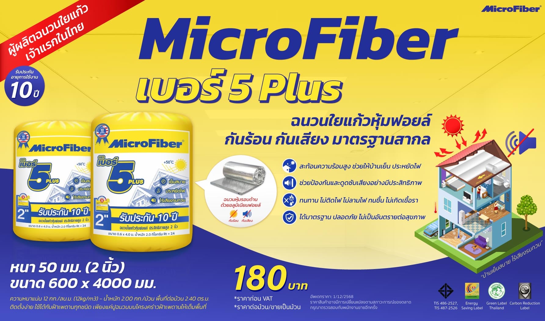 ราคาฉนวนกันความร้อน MicroFiber เบอร์ 5 Plus หนา 50 มม. (2 นิ้ว)