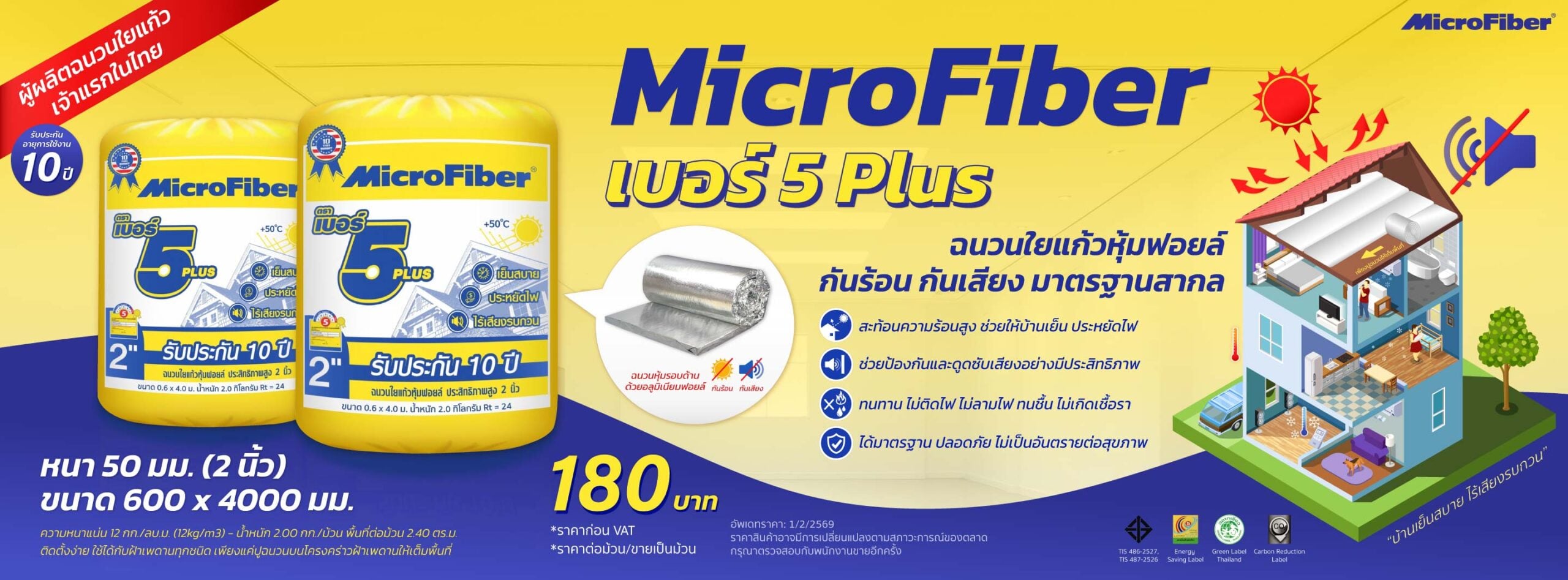 ราคาฉนวนกันความร้อน MicroFiber เบอร์ 5 Plus หนา 50 มม. (2 นิ้ว)