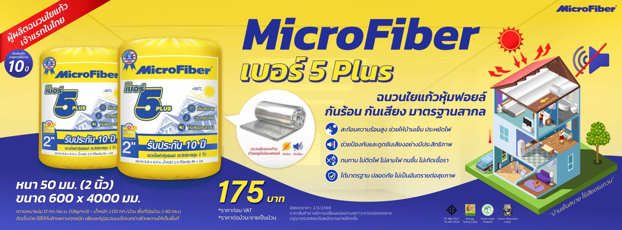 ราคาฉนวนกันความร้อน MicroFiber เบอร์ 5 Plus หนา 50 มม. (2 นิ้ว)