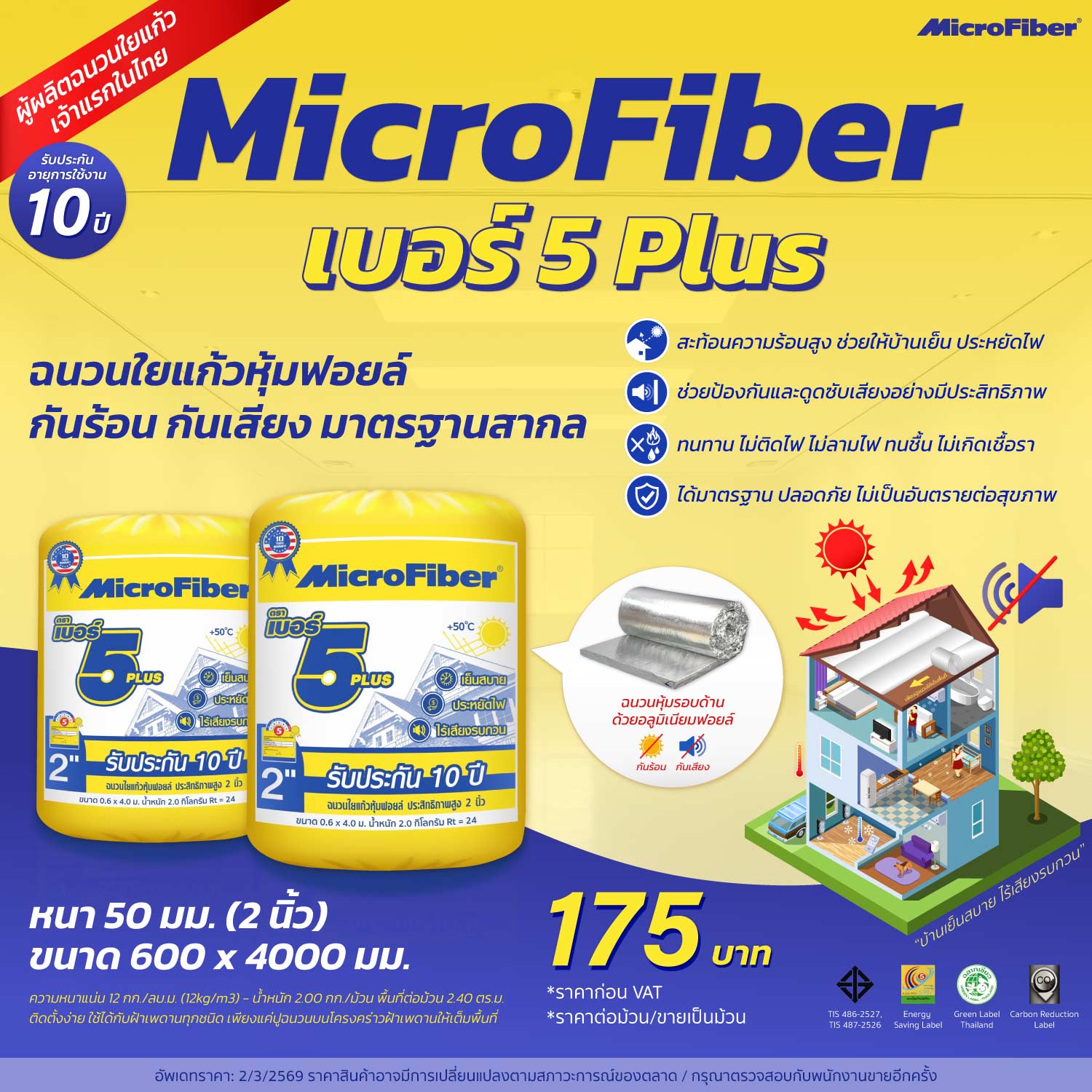 ราคาฉนวนกันความร้อน MicroFiber เบอร์ 5 Plus หนา 50 มม. (2 นิ้ว)