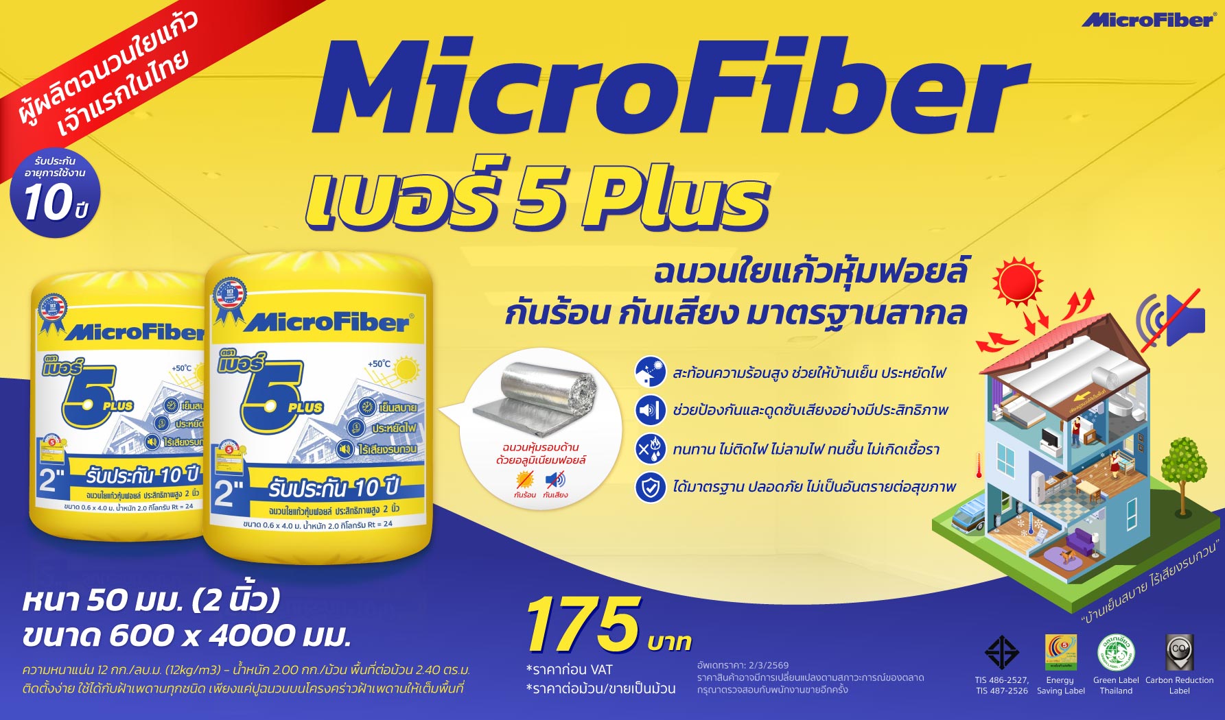 ราคาฉนวนกันความร้อน MicroFiber เบอร์ 5 Plus หนา 50 มม. (2 นิ้ว)