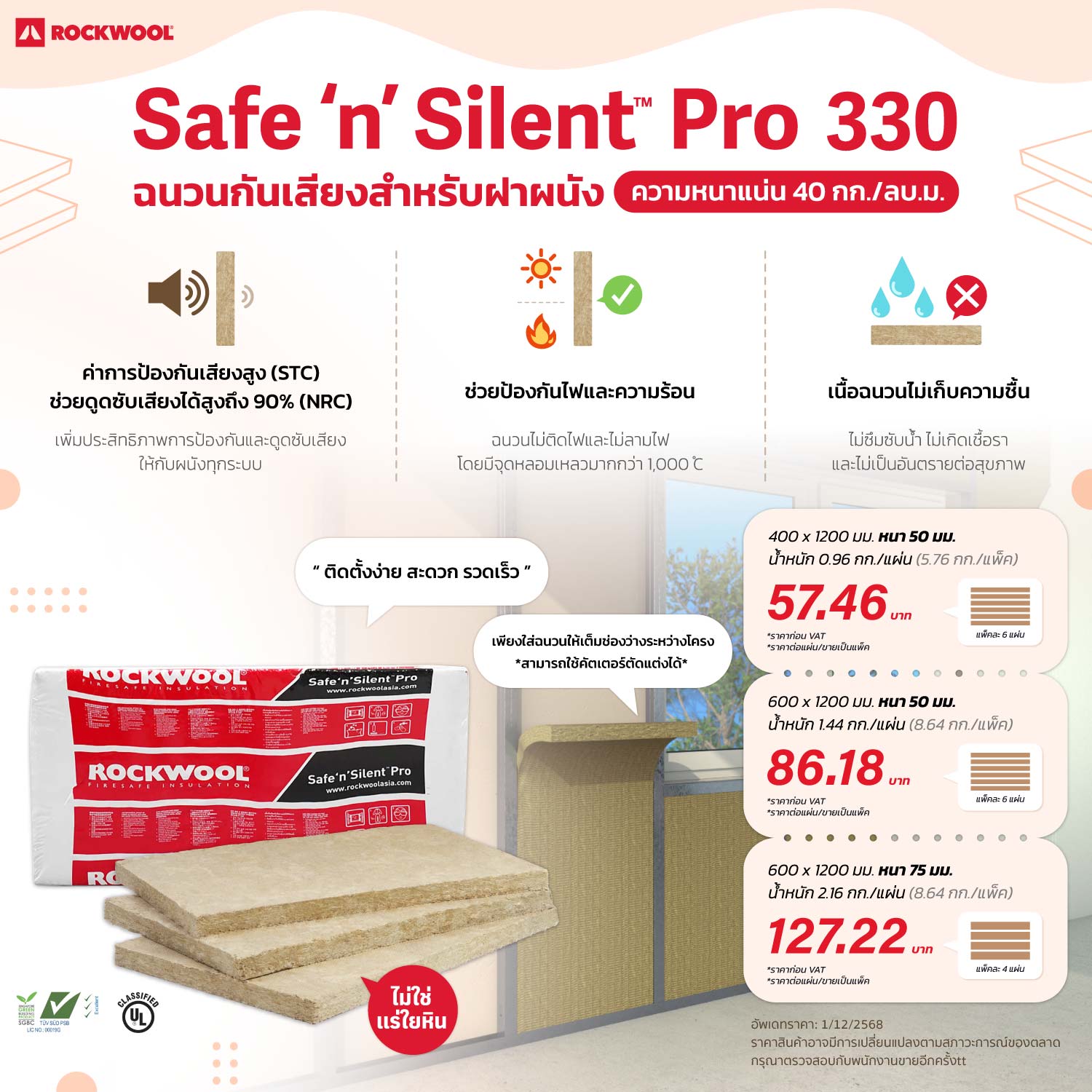 ราคาฉนวนกันเสียง ROCKWOOL รุ่น Safe ‘n’ Silent Pro 330 (40kg/m3)