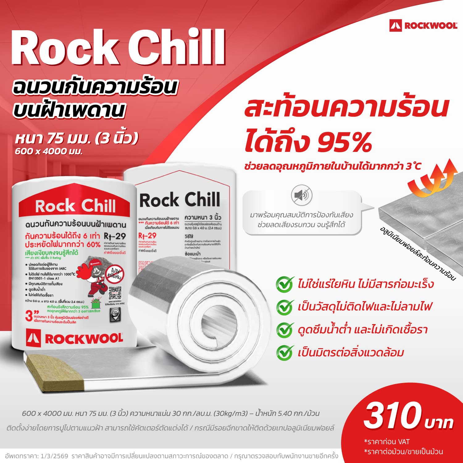 ราคาฉนวนกันความร้อน ROCKWOOL รุ่น Rock Chill หนา 75 มม. (3 นิ้ว)