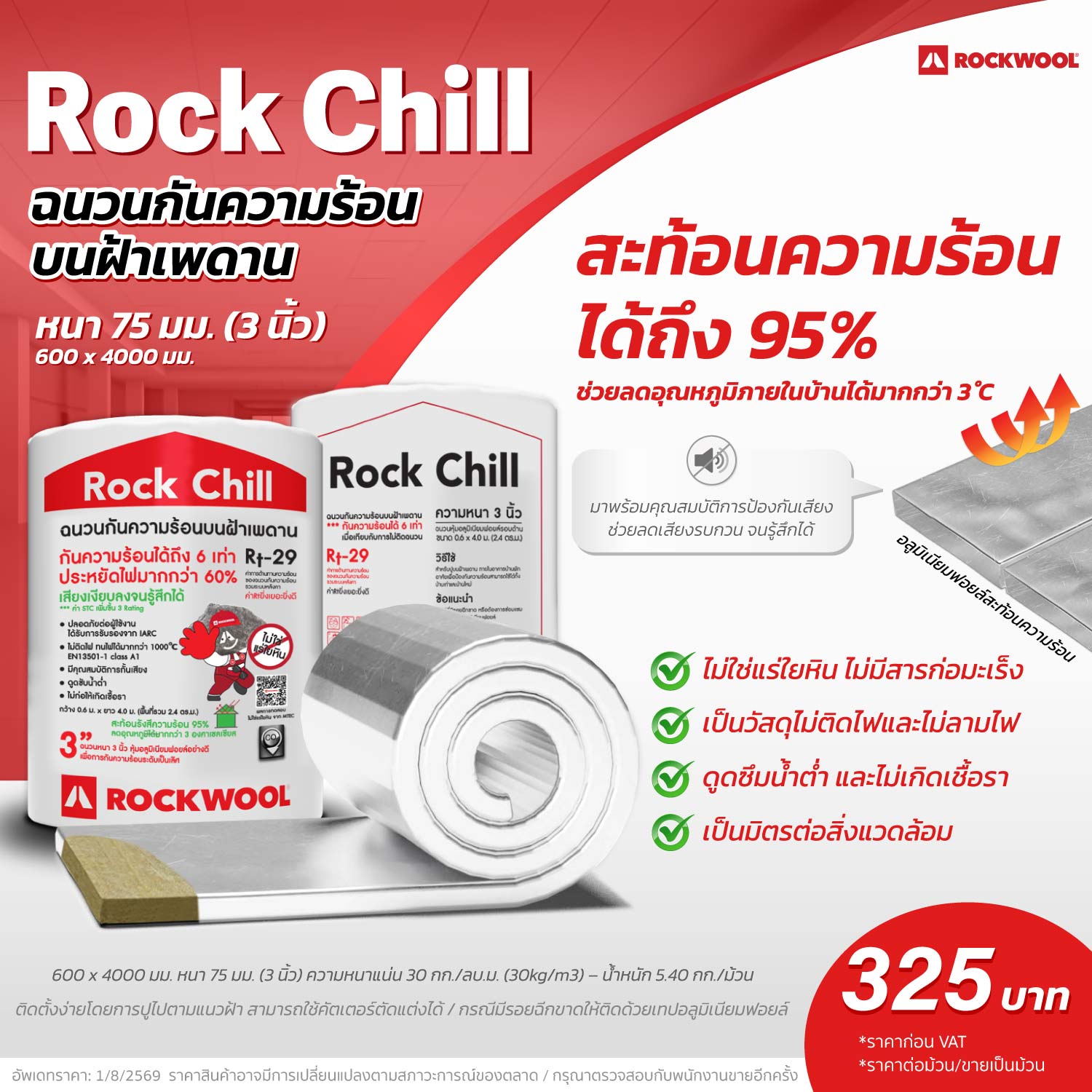 ราคาฉนวนกันความร้อน ROCKWOOL รุ่น Rock Chill หนา 75 มม. (3 นิ้ว)